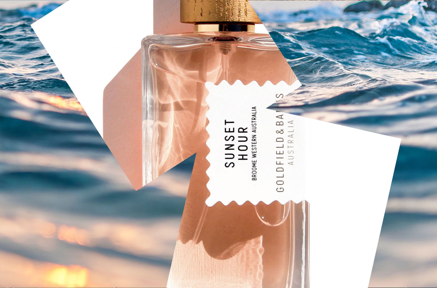 A collage showing the ocean at sunset and a bottle of Goldfield and Banks Sunset Hour perfume.